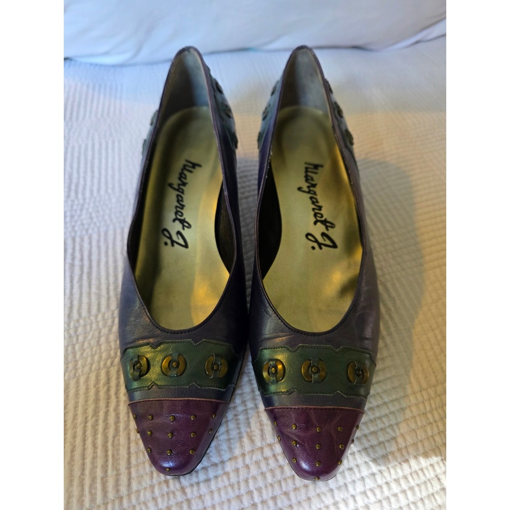 Margaret J Vintage 80s Purple Leather Colorblock Studded Pumps Spain Art Deco 7M